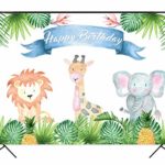 Allenjoy 7x5ft Polyester Jungle Animal Festa Sufari Backdrop Cartoon Tropical Leaves Lion Giraffe Elephant Happy Birthday Party Banner Background for Baby Shower Photo Decoration Booth