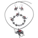 Rurah Womens Bohemian Retro Turquoise Carved Elephant Bracelet Earrings Necklace Three Piece Jewelry Set,red