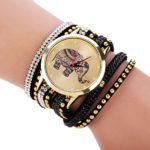 NEARTIME Wrist Watch, Girl Elephant Rivet Bracelet Quartz Braided Winding Wrap WristWatch (Black)