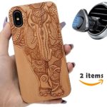 iProductsUS Elephant Phone Case Compatible with iPhone XS,X and Magnetic Mount-Wooden Cases Engraved Unique Elephant,Built-in Metal Plate,TPU Rubber Shockproof & Protective Covers for iPhone 10/X, Xs