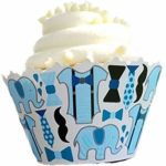 Cupcake Wrappers Baby Shower and Gender Reveal – Adjustable – Set of 12 (Blue Elephants)