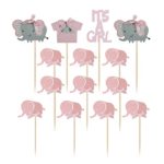 Ucity Baby Shower Cupcake Toppers Pink Baby Elephant Cake Picks Decorations for It’s A Girl Birthday Themed Party Decorations Supplies