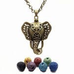 Lucky Elephant Lava Rock Aromatherapy Necklace Essential Oil Diffuser Necklace Bohemia Locket-style Pendant, 24″ Adjustable Chain, Multi-Colored Lava Stone Beads(Bronze)