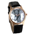 JewelryWe Fashion Men Womens Big Elephant Print Dial Rose Gold Tone Case Leather Analog Dress Watch for Mothers Day Present(Black)