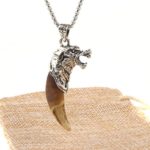 HZMAN Mens Metal Wolf Head and Real Teeth Pendant Necklace Stainless Steel chain