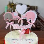 PureArte Cute Baby Shower Cake Topper For Baby Girl Party Favors Decoration Pink White Elephant and Heart with Bow …