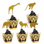 (Set of 30) Gold Glitter Jungle Safari Animal Cupcake Toppers Picks Elephant Giraffe Rhino Lion Monkey and Tiger Cupcake Wrappers Cake Decorations for Animals Party Baby Showers Birthday Party