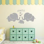 Large Cute Elephant Family With Hearts Wall Decals Baby Nursery Decor Kids Room Wall Stickers, (Large)40”W x19”H, Grey