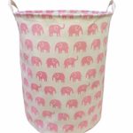 LEELI Laundry Hamper with Handles-Collapsible Canvas Basket for Storage Bin,Kids Room,Home Organizer,Nursery Storage,Baby Hamper,19.7×15.7 (Pink Elephant)
