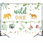 Mehofoto 1st Birthday Backdrops Wild One Themed Birthday Party Banner Decor 7x5ft Elephant Horse Vinyl Background Tropical Green Leaves Photography Backdrops