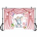 Allenjoy 7x5ft Polyester Customized Elephant Theme Pink Curtain Flowers Background Baby Shower Girls Boys Newborn Baby Birthday Party Backdrop Decoration for Pictures