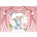 Allenjoy 7x5ft Vinyl Elephant Theme Backdrop for Baby Shower Pink Curtain Flowers Background Girls Boys Newborn Baby Birthday Party for Kids Backdrop Decorations for Pictures