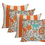 Set of 4 – Indoor 20″ Square Decorative Throw / Toss Pillows – 2 Preppy Orange and White Stripes & 2 Orange, Blue, and Gray / Grey Bohemian Elephant
