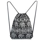 Kimloog Elephant Print Boho Drawstring Backpack Gym Sports Large Capacity Rucksack (Black)