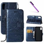 LEECOCO Case for iPhone XR Unique Embossed Wallet Case with Card Cash Holder Slots Wrist Strap [Kickstand] PU Leather Folio Flip Case Cover for iPhone XR (6.1 inch) Elephant Blue
