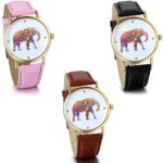 JewelryWe 3PCS Women’s Wristwatches Colorful Elephant Print Leather Quartz Ladies Girls Watches