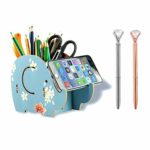 Cell Phone Stand,Dreammax Cute Wood Blue Elephant Pencil Pen Holder with 2 Ballpoint Pens,Multifunction Removable Storage Pot Holder Box Desk Organizer Compatible iPhone iPad Samsung Tablet (3pcs)