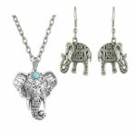 SUNSCSC Silver Plated Cute Carve Turquoise Pendant Elephant Necklace Ear Wire Hook Dangle Earrings Set