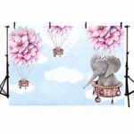 MEHOFOTO Hot Air Balloon Elephant Baby Shower Party Backdrop Pink Flowers Blue Sky White Cloud Birthday Party Decorations Photography Background Photo Banner 7x5ft
