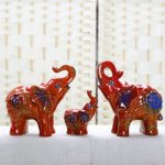 Ceramic Elephant Family Statue Wealth Lucky Feng Shui Figurine Home Decor Collection Birthday Congratulatory House Warming Gift (Red)