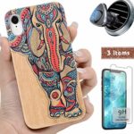iProductsUS Wood Phone Case Compatible with iPhone XR,Magnetic Mount and Screen Protector-3D UV Print Color Elephant Cases,Compatible Wireless Charger,Built-in Metal Plate,TPU Protective Cover (6.1″)