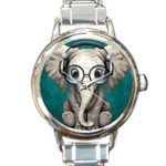 Coolstuffs Elephant Baby Wearing Glasses Sliver Quartz Analog Italian Charm Watch Fashion Casual Watches for Women