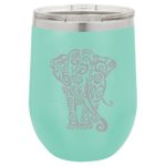 12 oz Double Wall Vacuum Insulated Stainless Steel Stemless Wine Tumbler Glass Coffee Travel Mug With Lid Tribal Elephant (Teal)