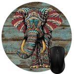 Wknoon Round Mouse Pad Customized Design, Vintage Colorful Indian Floral Elephant on Rustic Wood Art