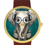 Coolstuffs Elephant Baby Wearing Glasses Quartz Analog Golden Leather Watch Fashion Casual Watches for Women