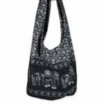 Hippie Elephant Sling Crossbody Bag Purse Thai Top Zip Handmade Black S11