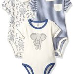 Touched by Nature Baby Organic Cotton Bodysuit 3-Pack, Elephant, 3-6 Months