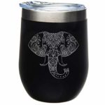 Elephant 12 oz. Double Insulated Stainless Steel Stemless Wine Tumbler with Lid-Laser Engraved- Black Powder Coated Tumbler (black elephant)