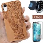 iProductsUS Wood Phone Case Compatible with iPhone XR,Magnetic Mount and Screen Protector-Engrave Unique Elephant,Compatible Wireless Charger,Built-in Metal Plate,TPU Rubber Protective Cover (6.1″)