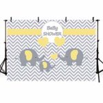 MEHOFOTO Family Three Yellow Elephants Unisex Baby Shower Backdrop Props Yellow and Gray Wave Little Peanut Love Shape Balloons Gray Chevron Pattern Photography Background Photo Banner 7x5ft