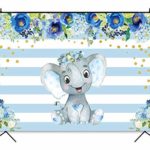 Funnytree 7x5ft Blue Floral Elephant Party Backdrop Striped Flowers Boy Baby Shower Birthday Photography Background Watercolor Gold Sprinkle Cake Table Decoration Photobooth Studio Props