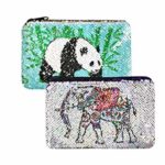 Sparkly Flip Sequin Pencil Pouch Pandas&Elephant Pattern Small Makeup Organizer Bag Purse