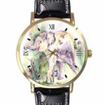 Elephants Roaming Through The Woods Wrist Watch Unisex Fashion Black Leather Strap Stainless Steel Round Gold Dial Plate Wristwatch