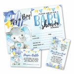 Deluxe Blue Elephant Baby Shower Invitations, Jungle, Tropical Safari Animals, Its A Boy Party Invites, Includes- 20 Each Large Double Sided 5 x 7 Invites, Raffle Tickets, and Book Request Inserts