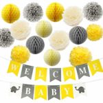 Furuix Yellow Grey Elephant Baby Shower Decorations Tissue Paper Pom Pom Honeycomb Balls Welcome Baby Banner Yellow and Gray Baby Shower Decorations – Gender Neutral Baby Decor
