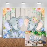 Mocsicka Twin Elephant Baby Shower Backdrop 7x5ft Boy or Girl Gender Reveal Background Wooden Wall Photo Backdrops Cute Elephant Floral Birthday Party Photography Background