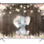 Funnytree 7x5ft Rustic Wood Floral Elephant Party Backdrop Pink Flower Retro Wooden Floor Girl Baby Shower Birthday Photography Background Vintage Board Cake Table Decoration Photobooth Studio Props