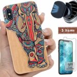 iProductsUS Wood Phone Case Compatible with iPhone Xs MAX,Magnetic Mount and Screen Protector-3D UV Print Colorful Elephant Cases,Compatible Wireless Charger,Built-in Metal Plate TPU Covers (6.5”)