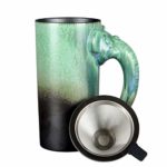 36 Ounce Extra Large Coffee Mug Handmade Pottery Giant – Funny 3D Elephant Trunk Shaped Handle – Huge Jumbo Ceramic Tea Cup Oversized by Oojdzoo(Matte Black with Green Glaze)