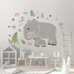 decalmile Elephant Wall Decals Peony Flowers Wall Stickers Kids Nursery Bedroom Living Room Wall Decor