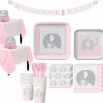 Party City Pink Baby Elephant Tableware Kit for 16 Guests, Includes 2 Table Covers, Table Centerpiece and Banner
