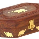 Wooden Jewelry Box Octagonal Handcrafted Elephant Brass Inlay & Wood Carvings