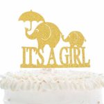 It’s A Girl Birthday Cake Topper – Cute Gold Glitter Elephants Welcome Baby Party Décor – Gender Reveal – Heaven Sent Milestone Baby Shower Decoration