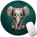 Marphe Mouse Pad Green Pattern Headset Music Elephant Mousepad Non-Slip Rubber Gaming Mouse Pad Round Mouse Pads for Computers Laptop