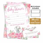 Elephant Floral – Baby Shower Invitations Girl Pink Roses, with Envelopes and Diaper Raffle Tickets. Set of 25 Floral Fill in The Blank Style Invites – Pink Floral Baby Shower Invitations Girl