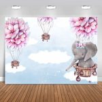 Fanghui 7x5FT Elephant Hot Air Balloon Up Up and Away Photography Backdrop Pink Flower Baby Shower Birthday Party Banner Decoration Supplies Photo Booth Studio Props Vinyl Background